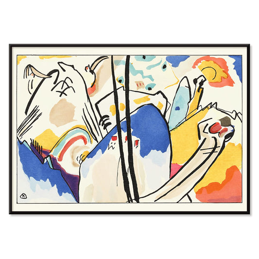 Abstract art Der Blaue Reiter by Wassily Kandinsky featuring vibrant colors dynamic shapes and geometric forms, with black aluminium frame on white background