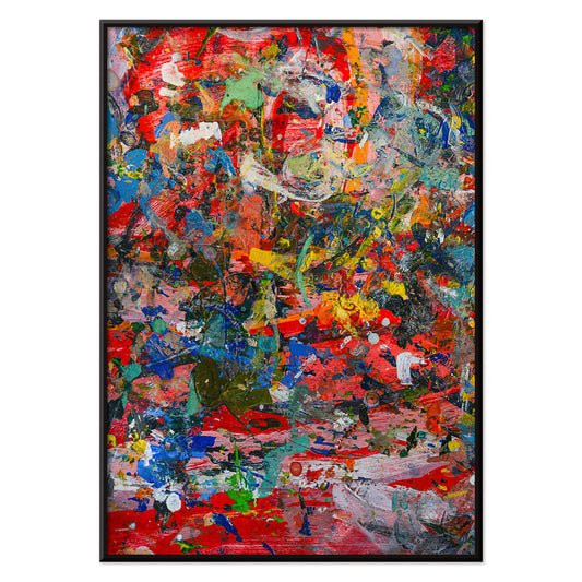 Colorful abstract artwork and poster featuring intricate patterns and textures in Abstract Patchwork 2 by Anonymous, with black aluminium frame on white background