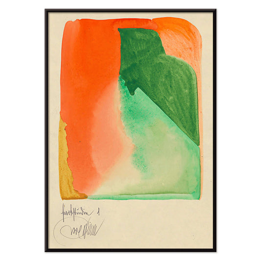 Abstract watercolor painting with vibrant orange and green shapes titled Farbstudien 10 Blätter I by Wassily Kandinsky and Paul Klee, with black aluminium frame on white background