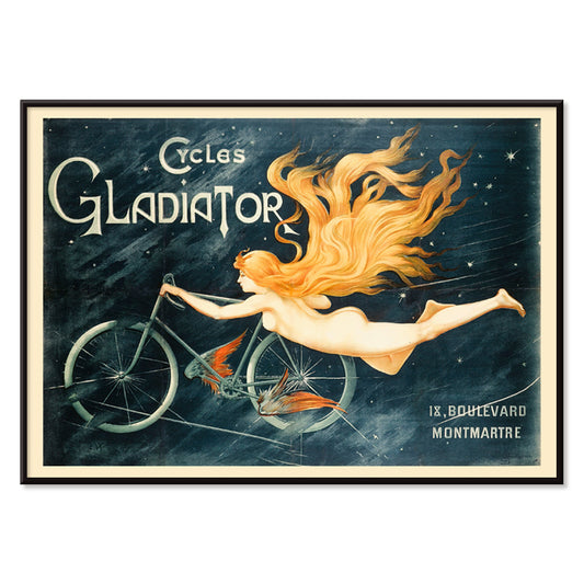 Vintage poster of a nude woman with flowing hair flying beside a bicycle in a starry space Cycles Gladiator by C B, with black aluminium frame on white background