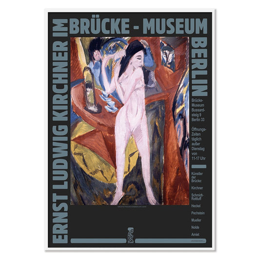 Ernst Kirchner artwork with expressive brushstrokes and colorful scene poster for exhibition at Bruecke Museum Berlin, with black aluminium frame on white background