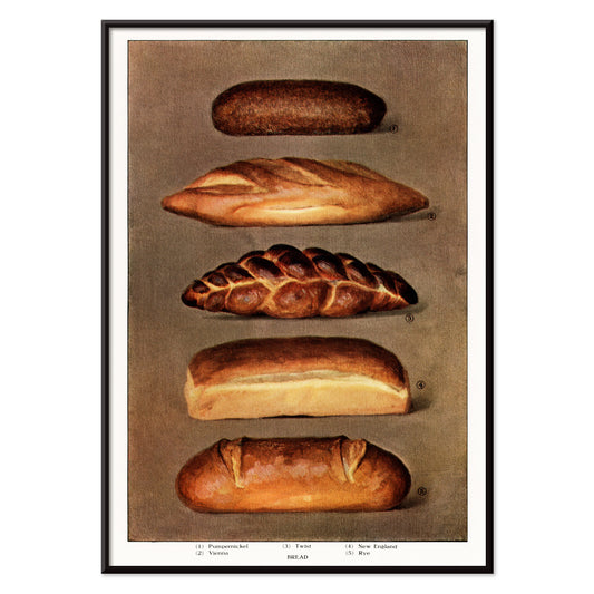 Vintage illustration and poster of assorted bread loaves from The Grocers Encyclopedia classic artwork, with black aluminium frame on white background