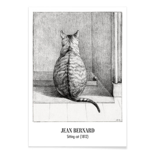 Detailed drawing poster of a sitting cat viewed from behind in a room artwork by Jean Bernard titled Sitting cat from behind, with black aluminium frame on white background