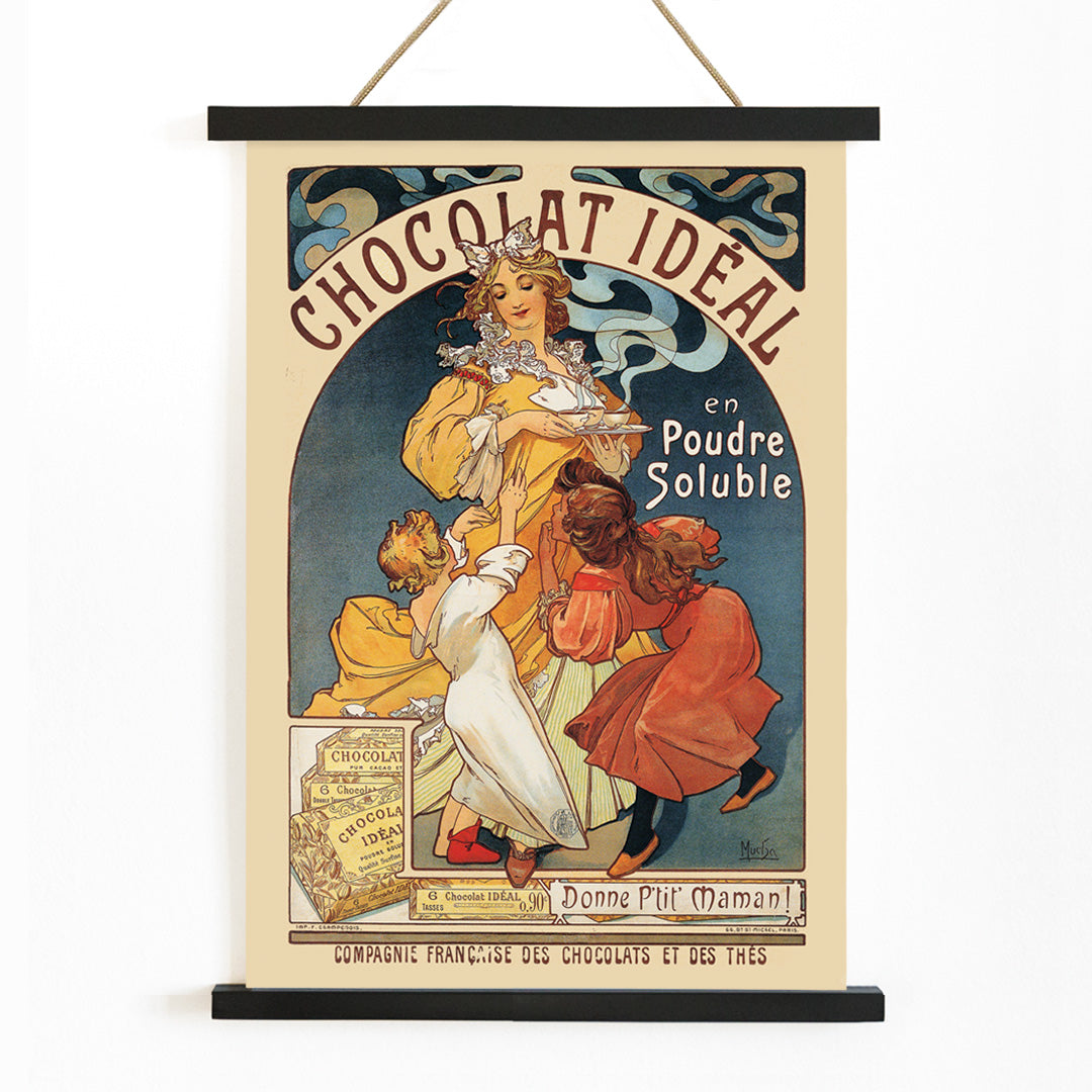 Vintage Art Nouveau poster Chocolat Ideal by Alphonse Mucha showing a woman serving hot chocolate to joyful children, with wooden magnetic frame on white background