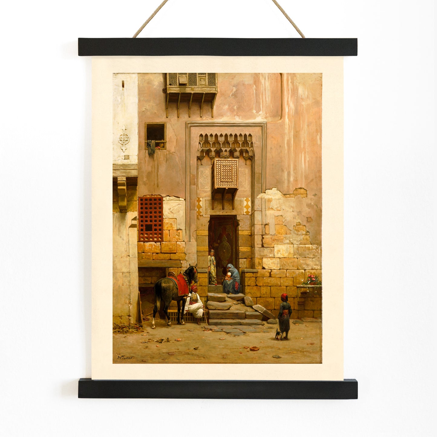 People and a horse in a sunlit Middle Eastern courtyard from The Courtyard of a house in Cairo by Willem de Famars Testas poster with architectural details, with wooden magnetic frame on white background