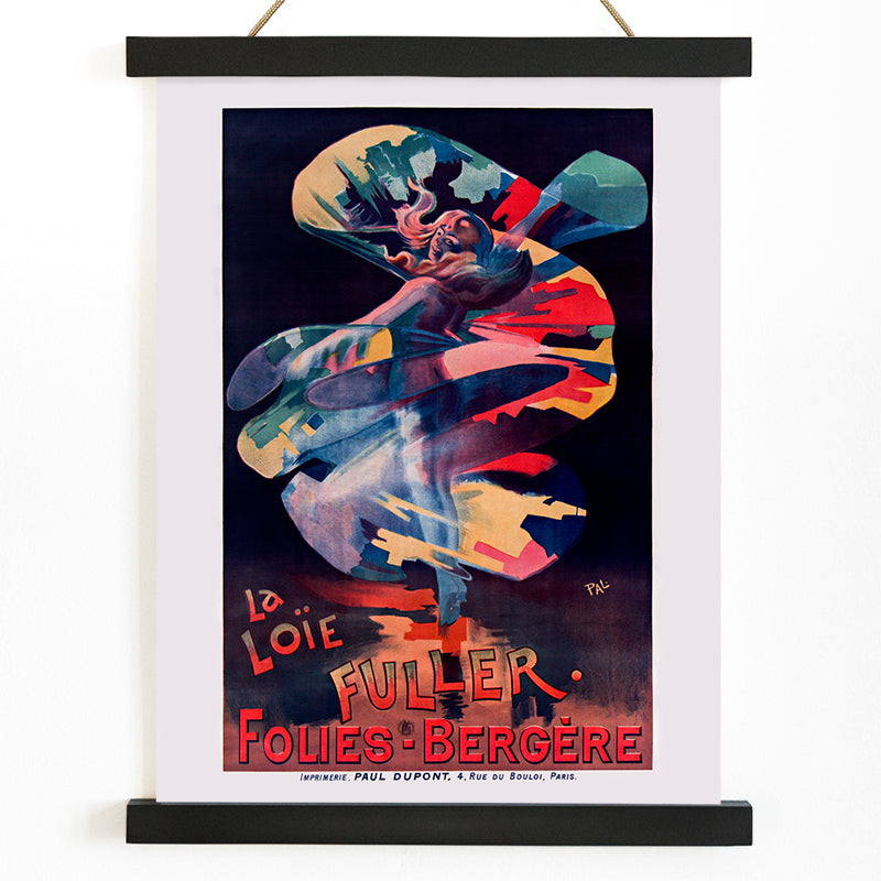 Colorful swirling dancer La Loie Fuller by Pal poster advertising Folies Bergere performance, with wooden magnetic frame on white background