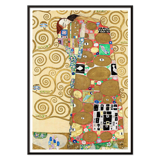 Fulfillment by Gustav Klimt vibrant embrace poster with intricate figures colorful patterns and swirling golden backgrounds, with black aluminium frame on white background
