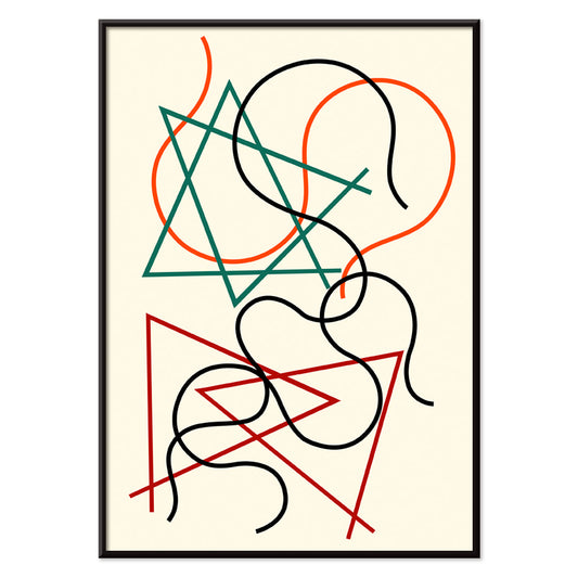 Abstract geometric and wavy lines artwork in green red orange and black by Myriam Thyes titled Lignes géométriques et ondoyantes, with black aluminium frame on white background