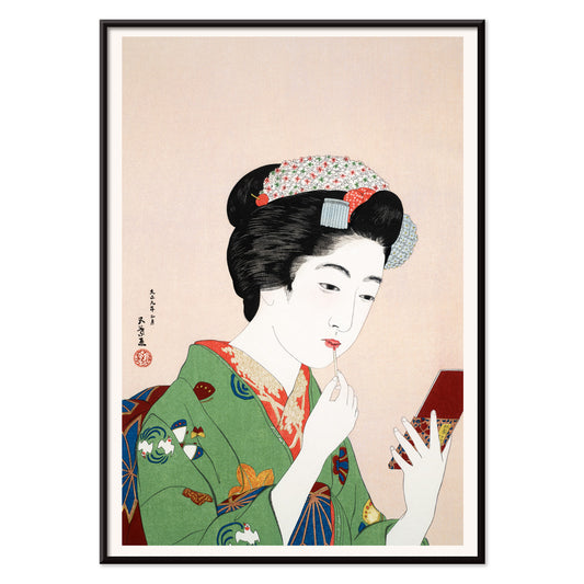 High resolution fine art poster of Japanese woman in kimono applying makeup by Goyo Hashiguchi Woman Applying Rouge, with black aluminium frame on white background