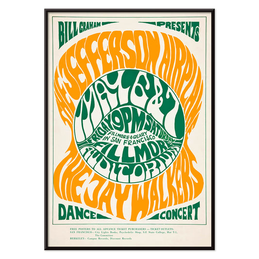 Psychedelic concert poster by Wes Wilson for The Jefferson Airplane and Jay Walkers at Fillmore Auditorium with vibrant orange and green text, with black aluminium frame on white background