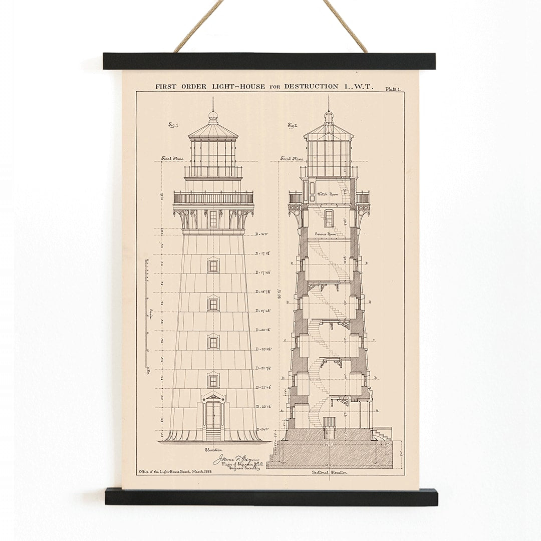 Section and elevation drawing of the Lighthouse at Destruction Island Washington by James G Hill poster, with wooden magnetic frame on white background