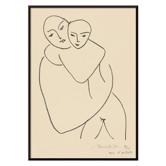 Henri Matisse Vierge et enfant poster minimalist mother and child line drawing in black on beige paper, with black aluminium frame on white background