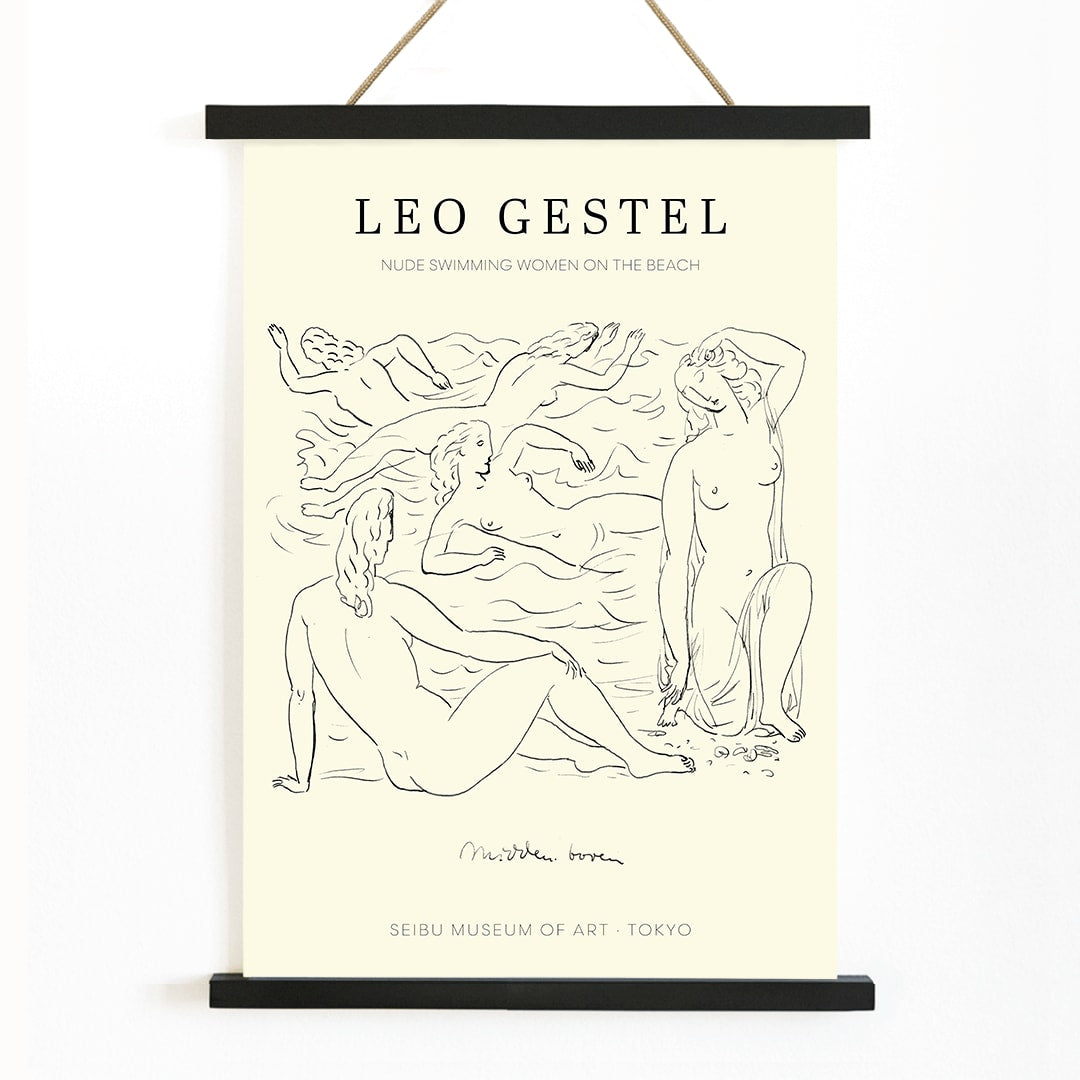 Poster of Nude Women Swimming on the Beach by Leo Gestel in Post Impressionist Style at Seibu Museum of Art Tokyo, with wooden magnetic frame on white background