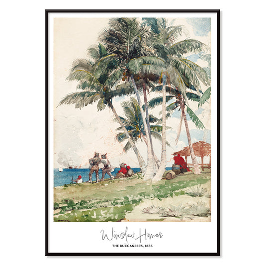 The Buccaneers by Winslow Homer poster featuring pirates under palm trees on a tropical beach with a ship in the background, with black aluminium frame on white background