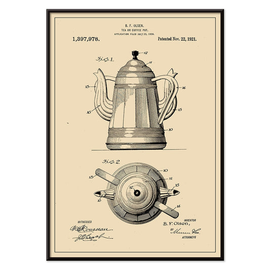 Patent illustration and technical drawing poster of tea or coffee pot by B F Olsen with detailed views and patent information, with black aluminium frame on white background