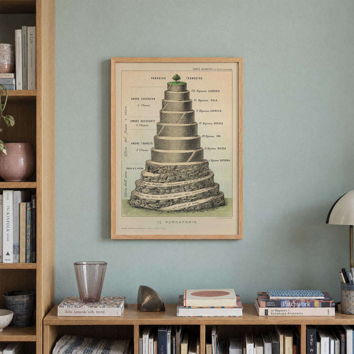 Giuseppe Campi Il Purgatorio poster of Dantes terraced mountain of Purgatory with winding path to the earthly paradise and tree, with wooden magnetic frame on white background