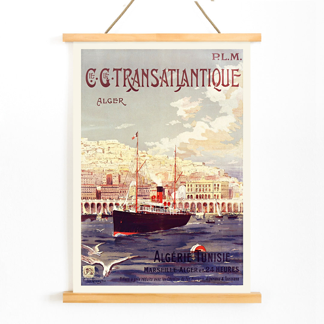 Vintage steamship in Algiers harbor with city buildings travel poster by Fernand Le Quesne Cie Cle Transatlantique, with wooden magnetic frame on white background