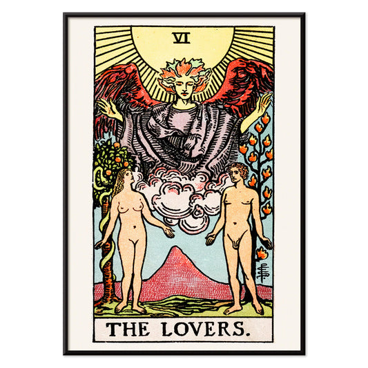 The Lovers Tarot card by Rider Waite featuring a winged angel above a man and woman in a garden illustration and poster, with black aluminium frame on white background