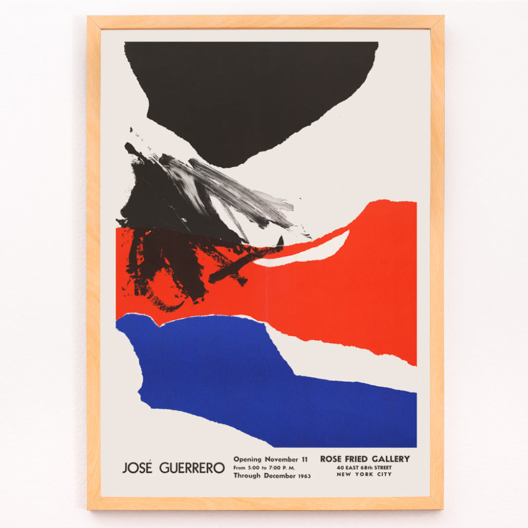 Closeup detail of Abstract painting and poster featuring bold black red and blue brushstrokes and shapes by Jose Guerrero at Rose Fried Gallery New York