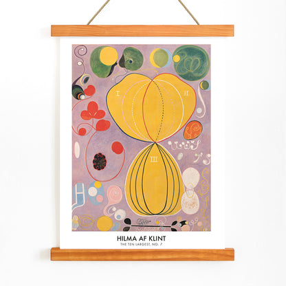 Abstract botanical shapes and vibrant colors poster from The Ten Largest No 7 by Hilma AF Klint, with wooden magnetic frame on white background