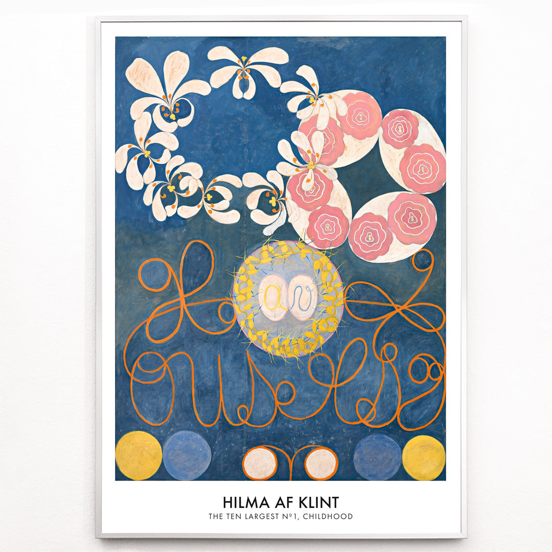Closeup detail of Abstract floral patterns and swirling shapes with vibrant colors on a blue background poster by Hilma af Klint Childhood Group IV
