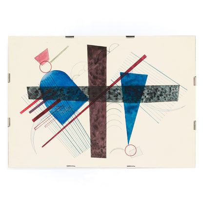 Abstract geometric poster with blue and red shapes artwork Blau in Rund und Spitz by Wassily Kandinsky, framed and displayed in modern living room decor