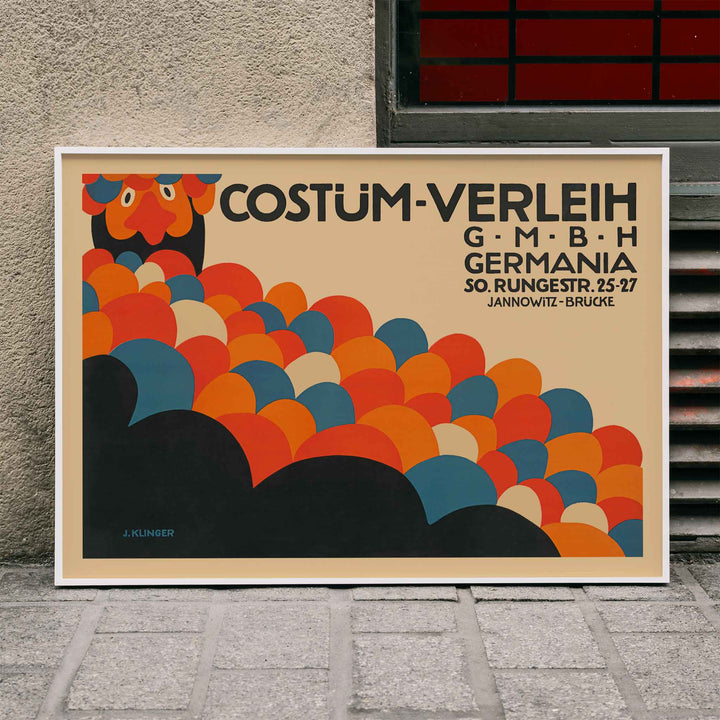 Poster by Julius Klinger for Costüm-Verleih Germania with red blue orange and black abstract circles and bold typography, framed and displayed in home decor