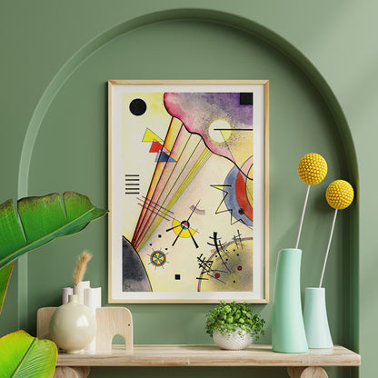 Abstract geometric art with colorful shapes and lines by Wassily Kandinsky titled Deutliche Verbindung Clear Connection, framed and displayed in home decor