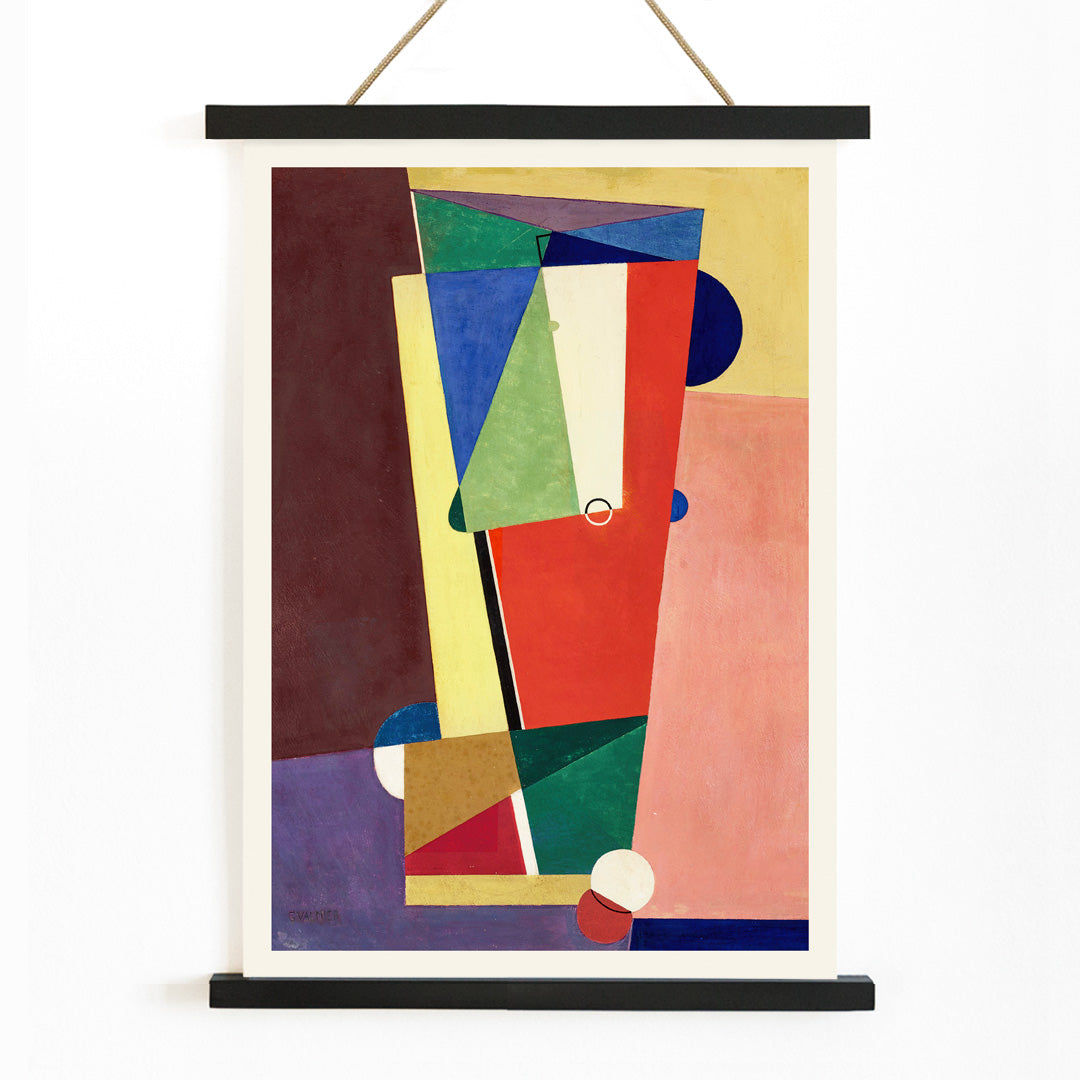 Abstract geometric shapes in vibrant colors inspired by Georges Valmier modern wall art poster suitable for contemporary decor, with wooden magnetic frame on white background