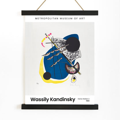 Abstract geometric art poster with bold colors blue yellow and black featuring Kleine Welten II Small Worlds II by Wassily Kandinsky, with wooden magnetic frame on white background
