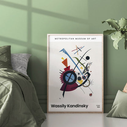 Abstract geometric art print with vibrant colors and shapes Violet by Wassily Kandinsky, framed and displayed in home decor