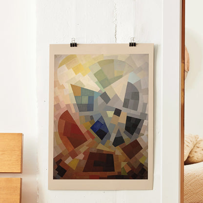 Abstract geometric art with colorful blocks and earthy tones by Otto Freundlich Komposition displayed in a modern black frame, framed and displayed in modern living room decor