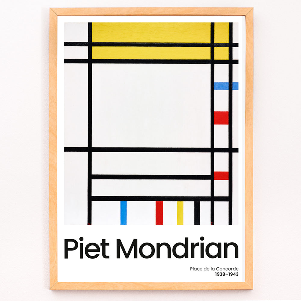 Closeup detail of Abstract geometric painting Place de la Concorde by Piet Mondrian with bold black lines and blocks of red yellow and blue primary colors poster