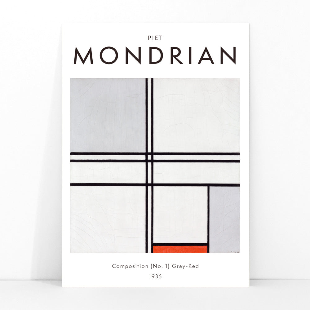 Geometric abstract artwork poster with black lines and color blocks by Piet Mondrian Composition No 1 Gray-Red, framed and displayed in modern living room decor