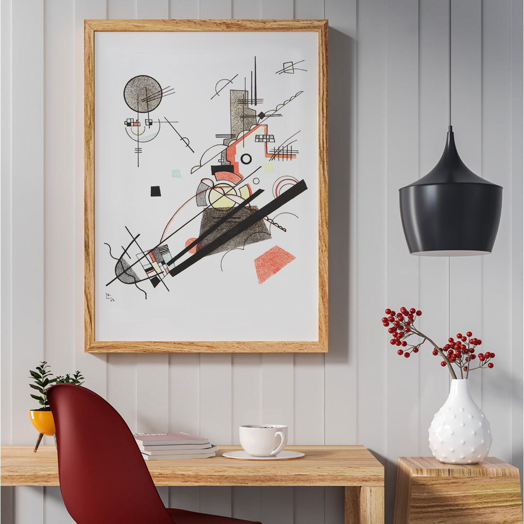 Abstract geometric art poster with intersecting lines and shapes in black red and yellow Fröhlicher Aufstieg by Wassily Kandinsky, framed and displayed in home decor
