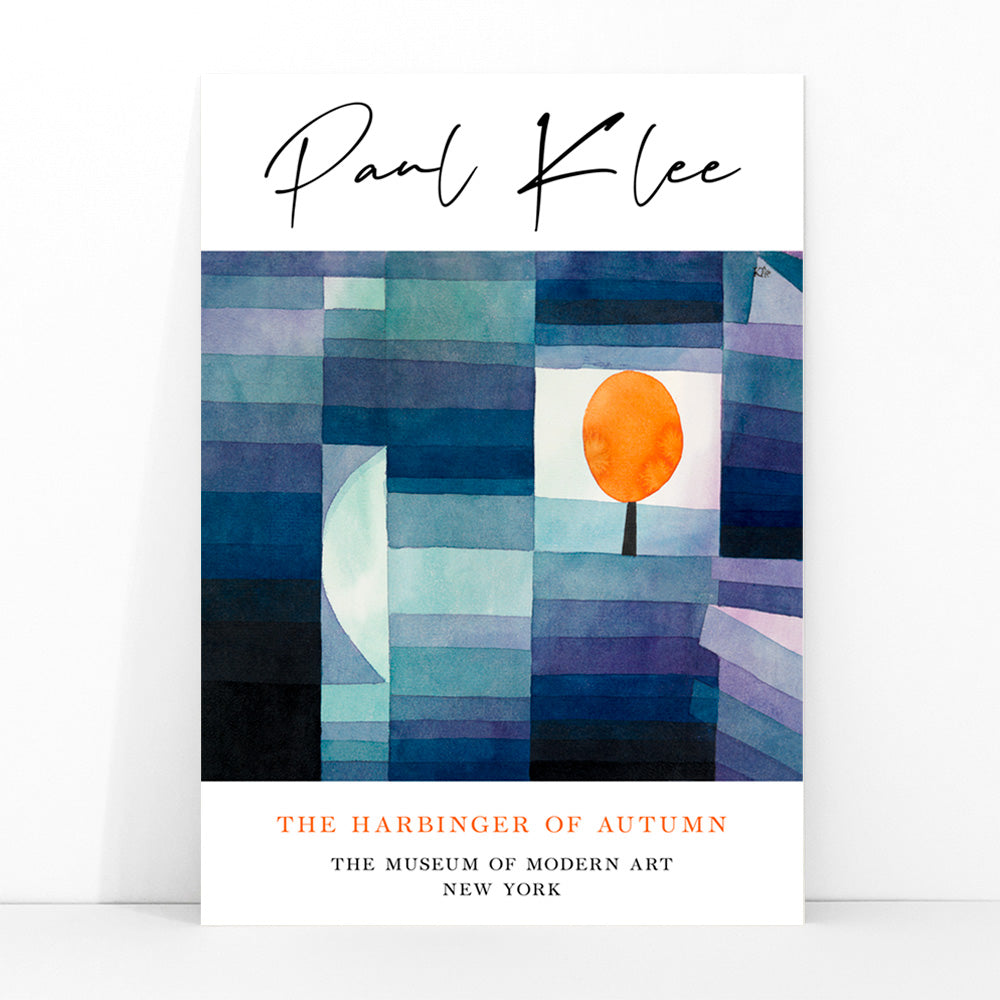 Geometric abstract landscape with vibrant orange tree by Paul Klee from The Harbinger of Autumn poster for wall decor, framed and displayed in modern living room decor