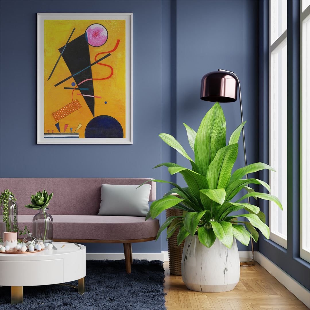 Abstract geometric artwork with colorful shapes on ochre and yellow backgrounds Berührung Contact by Wassily Kandinsky, framed and displayed in home decor