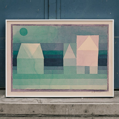 Abstract geometric houses in pastel green colors artwork by Paul Klee titled Three Houses poster featuring geometric house shapes, framed and displayed in home decor