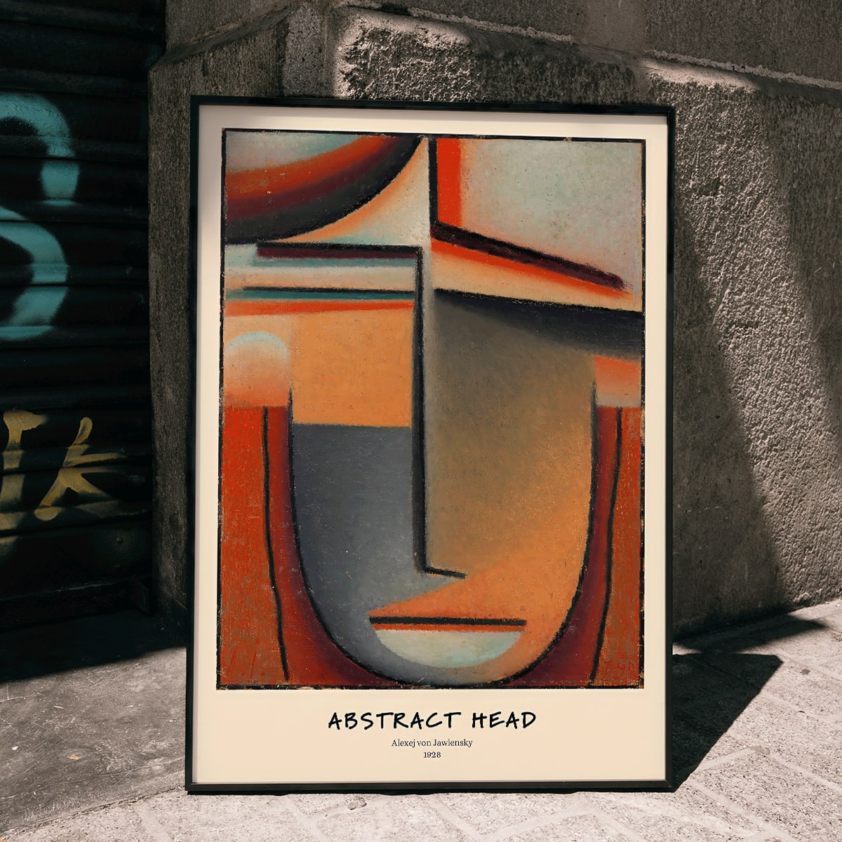 Abstract Head Tragic by Alexej von Jawlensky geometric abstract painting and poster with warm tones and stylized face, framed and displayed in home decor