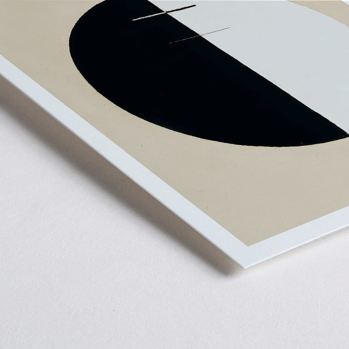 Closeup detail of Black and white circle artwork poster Buddha Standpoint In Early Life by Hilma AF Klint with divided circle on beige background