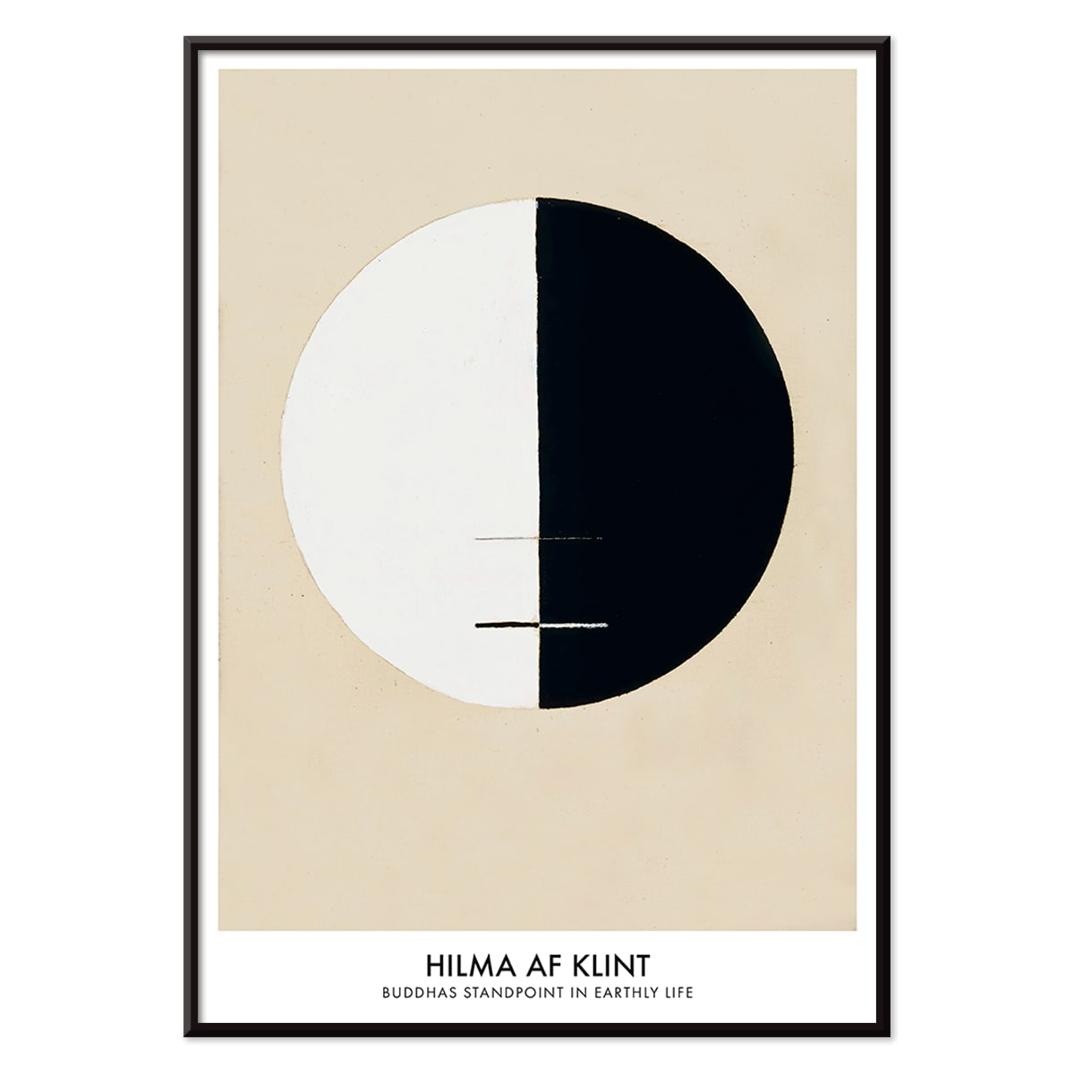 Black and white circle artwork poster Buddha Standpoint In Early Life by Hilma AF Klint with divided circle on beige background, with black aluminium frame on white background