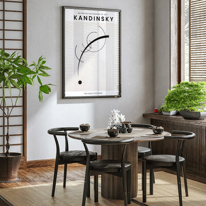 Abstract black geometric curves and circle with dot on white background poster Free Curve to the Point by Wassily Kandinsky, framed and displayed in home decor