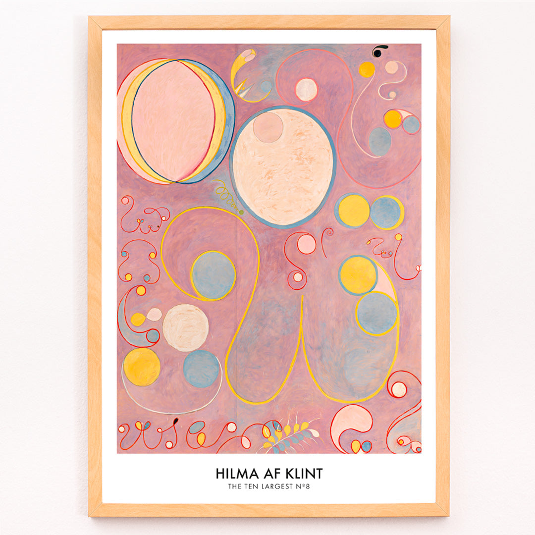 Closeup detail of Abstract colorful swirls and pastel shapes on pink background painting and poster from The Ten Largest Adulthood by Hilma AF Klint