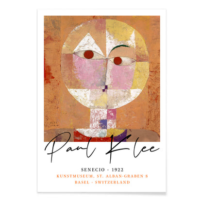 Abstract geometric portrait Senecio by Paul Klee with warm colors and geometric shapes on orange background poster, with black aluminium frame on white background