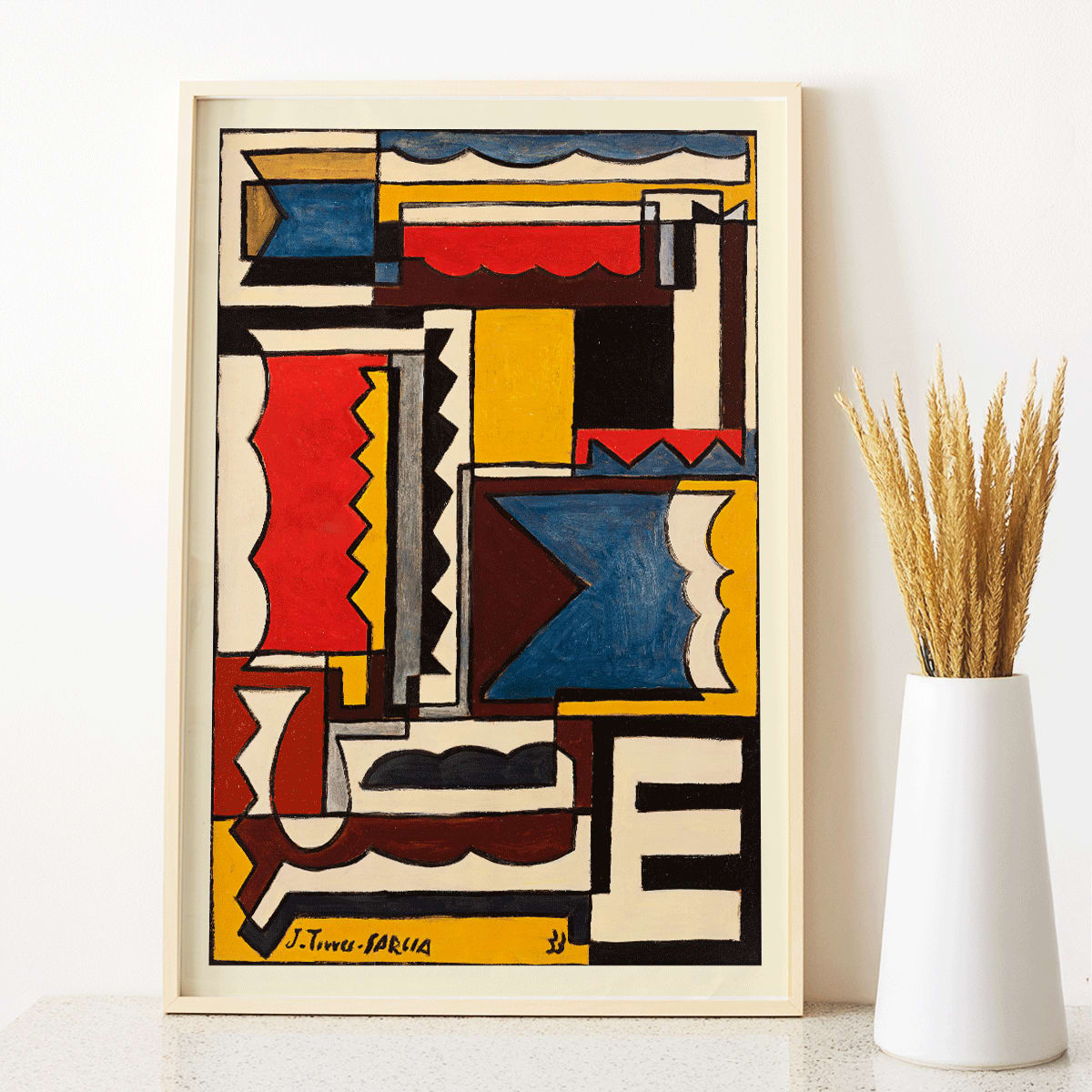 Abstract geometric painting and poster by Joaquin Torres-Garcia titled Structure with Shapes, framed and displayed in modern living room decor