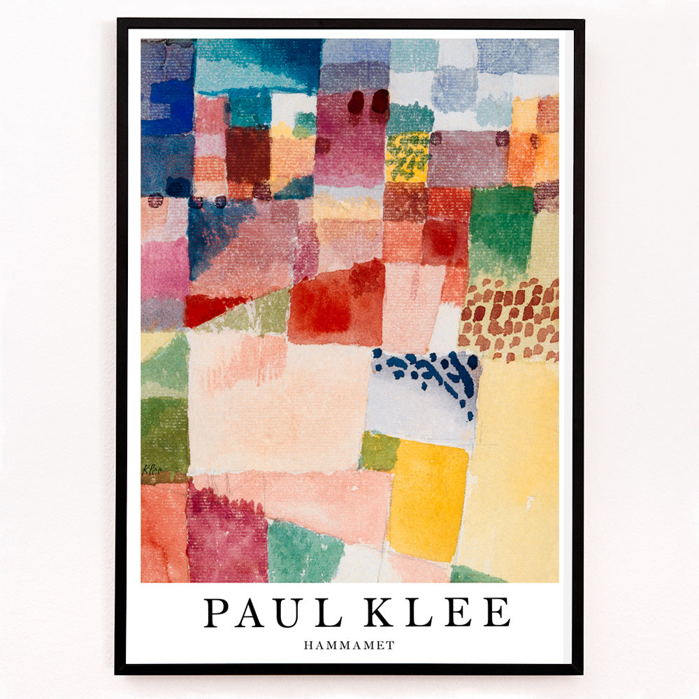 Closeup detail of Colorful abstract geometric poster inspired by Motif from Hammamet painting by Paul Klee perfect for art lovers and modern decor