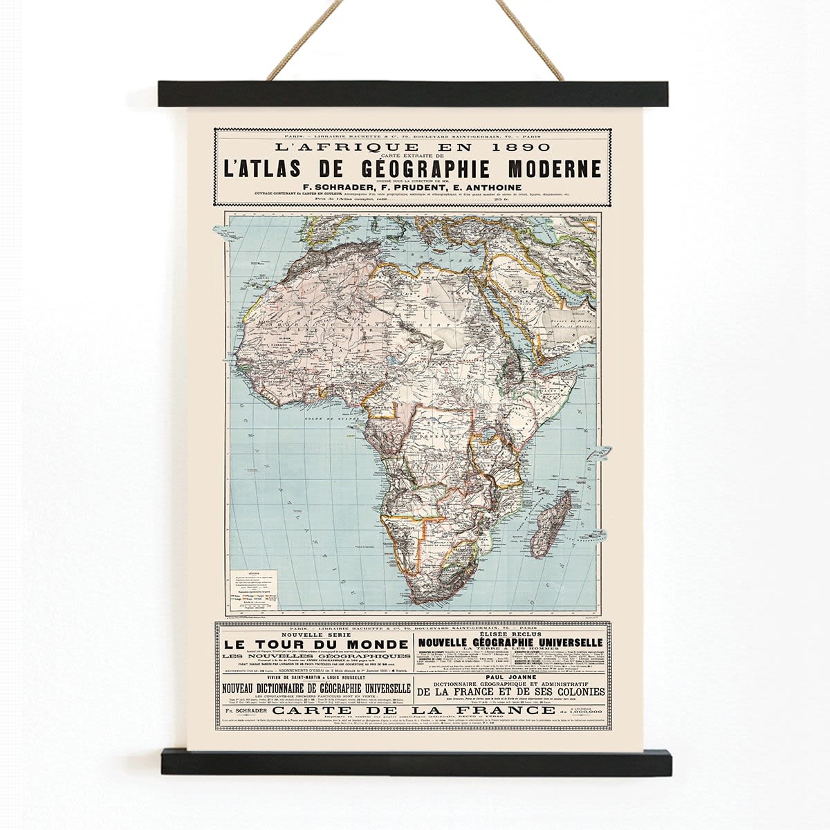 Detailed map of Africa with geographical features by F Schrader F Prudent E Anthoine from Atlas de geographie moderne, with wooden magnetic frame on white background