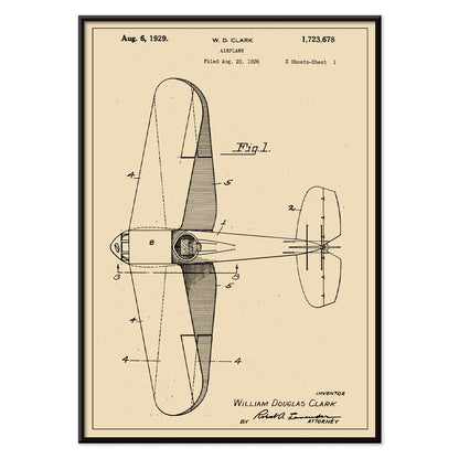 Airplane patent design drawing and detailed blueprint poster by WD Clark with annotated parts and technical specifications, with black aluminium frame on white background