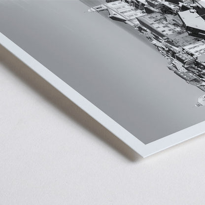 Closeup detail of Black and white landscape poster of Alfama Lisbon Old City with traditional buildings and Tagus River by artist Alfama Lisbon