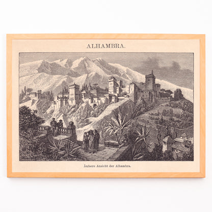 Closeup detail of Vintage illustration poster of Alhambra palace with mountains and vegetation by The Institute of Liepzig